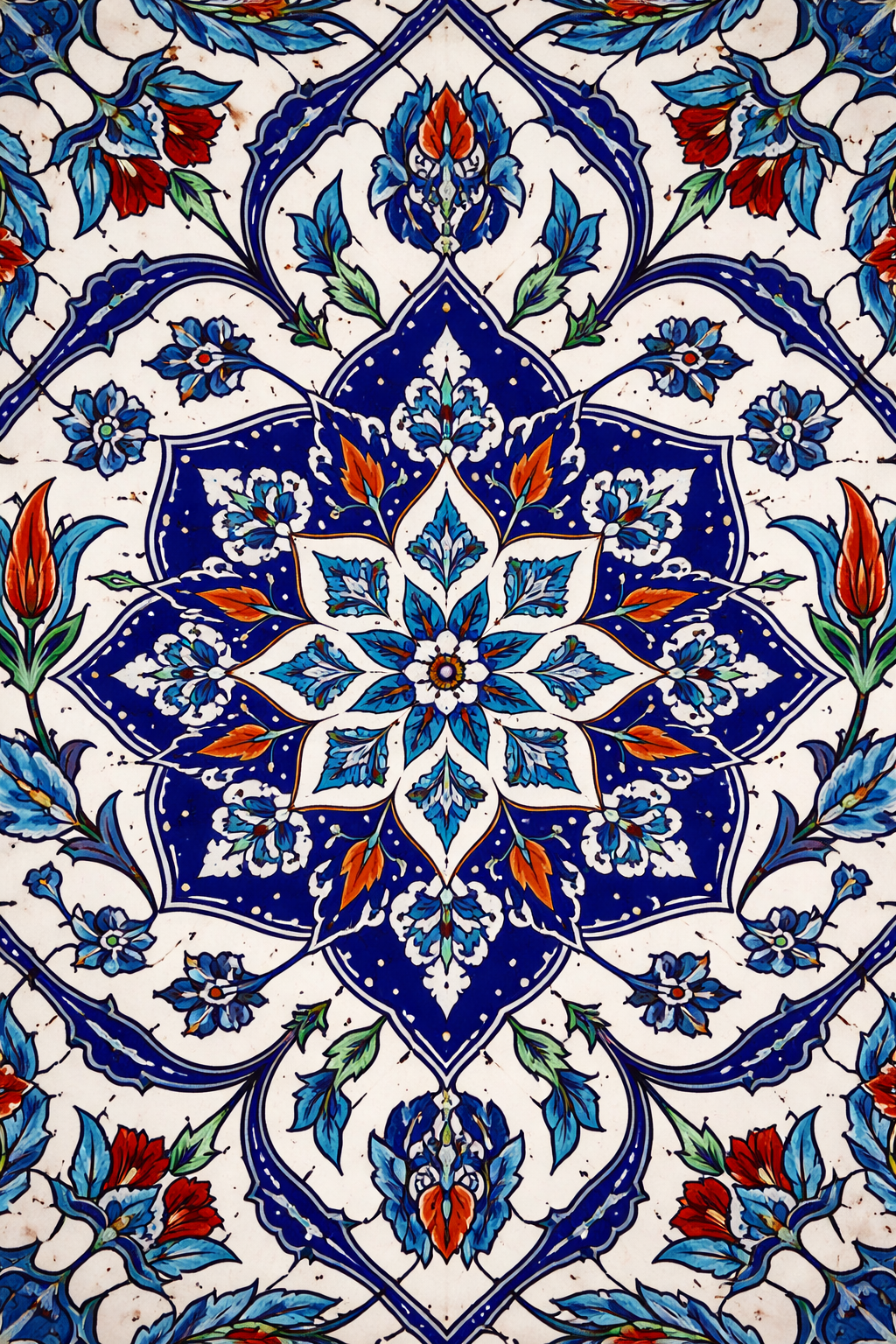 Individual hand-painted Islamic ceramic tile with complex floral and geometric motifs in blue white and turquoise -- Iznik pottery style macro detail photography HD wallpaper